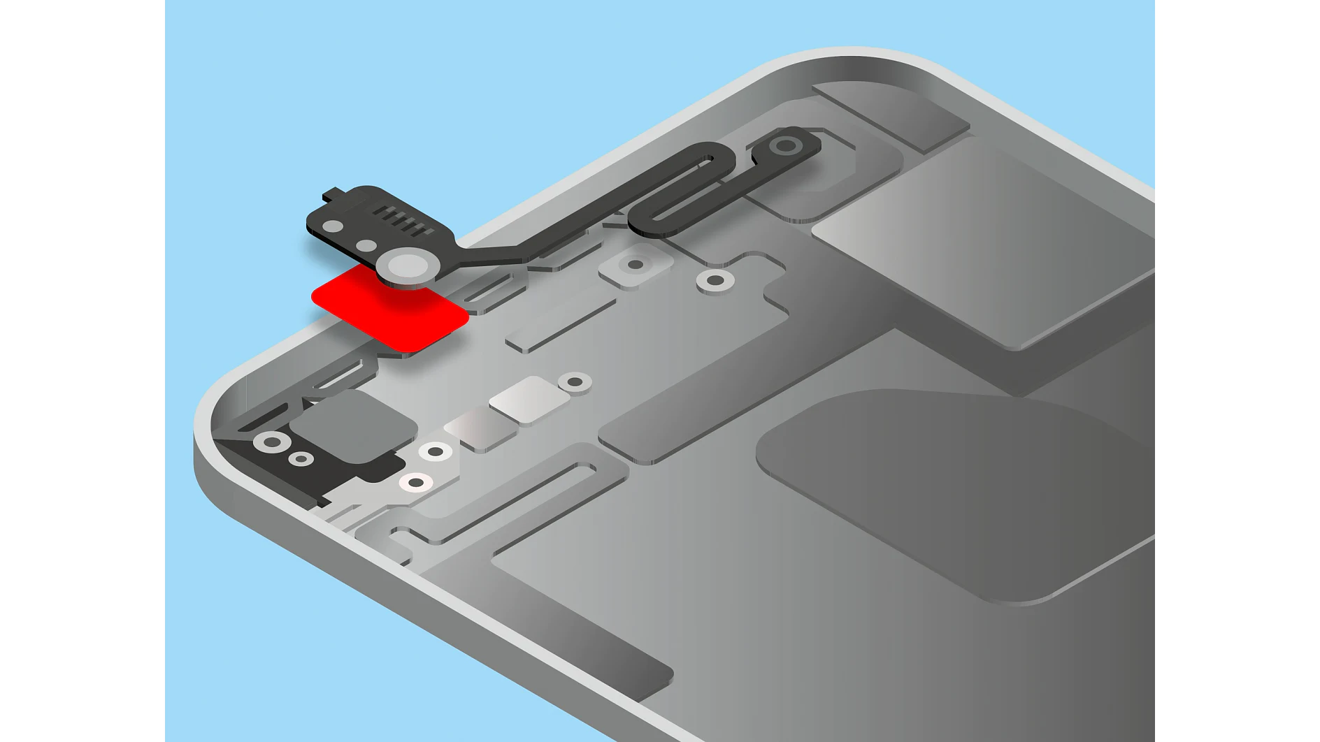 このイラストは携帯電話の内部を示しており、テサ テープを使用してデバイスのフレームに取り付けられた小さな部品に焦点が当てられています。背景は水色で、赤い四角形が内部構成の特定の部分を強調しています。. (This text has been generated by AI)
