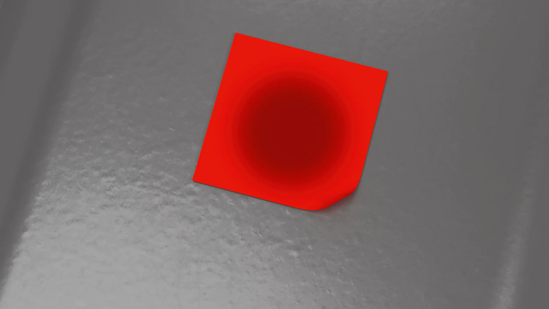 A red square sticker is partially peeled on a gray surface, held in place by tesa tape. The light creates subtle reflections on the textured background. (This text has been generated by AI)