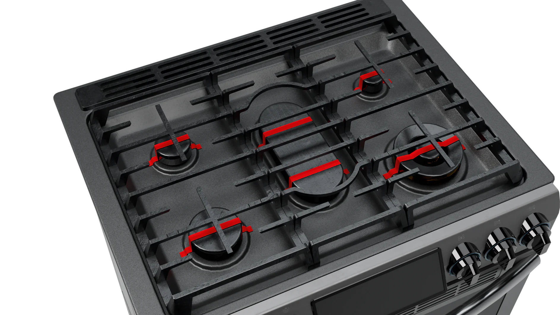 Gas stove top with five burners, each with iron grates and red accents. The knobs for controlling the burners are located on the front panel below the burners. The design is modern and dark, beautifully contrasting with strategically placed tesa tape for added durability and style. (This text has been generated by AI)
