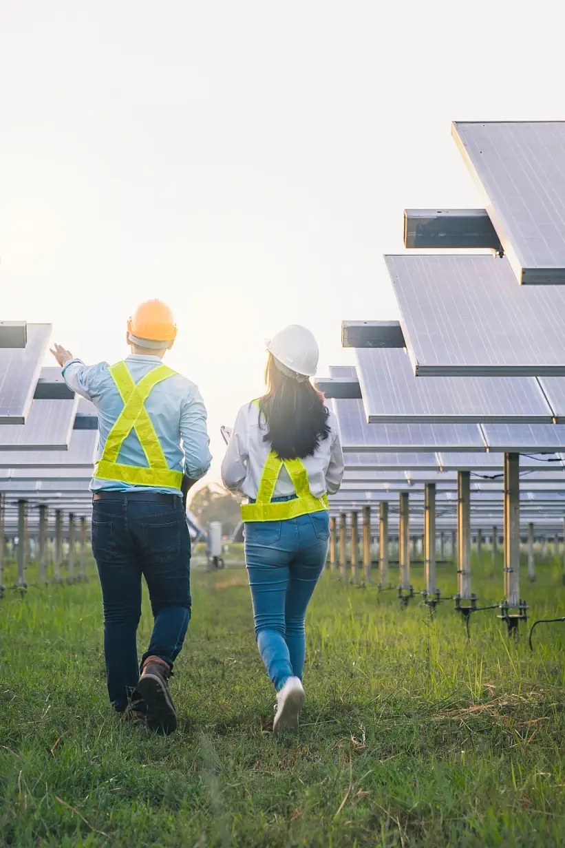 太陽エネルギーを集めるパネルのメンテナンスをする男女従業員。太陽光発電産業で設備の点検とメンテナンスに従事するエンジニア。