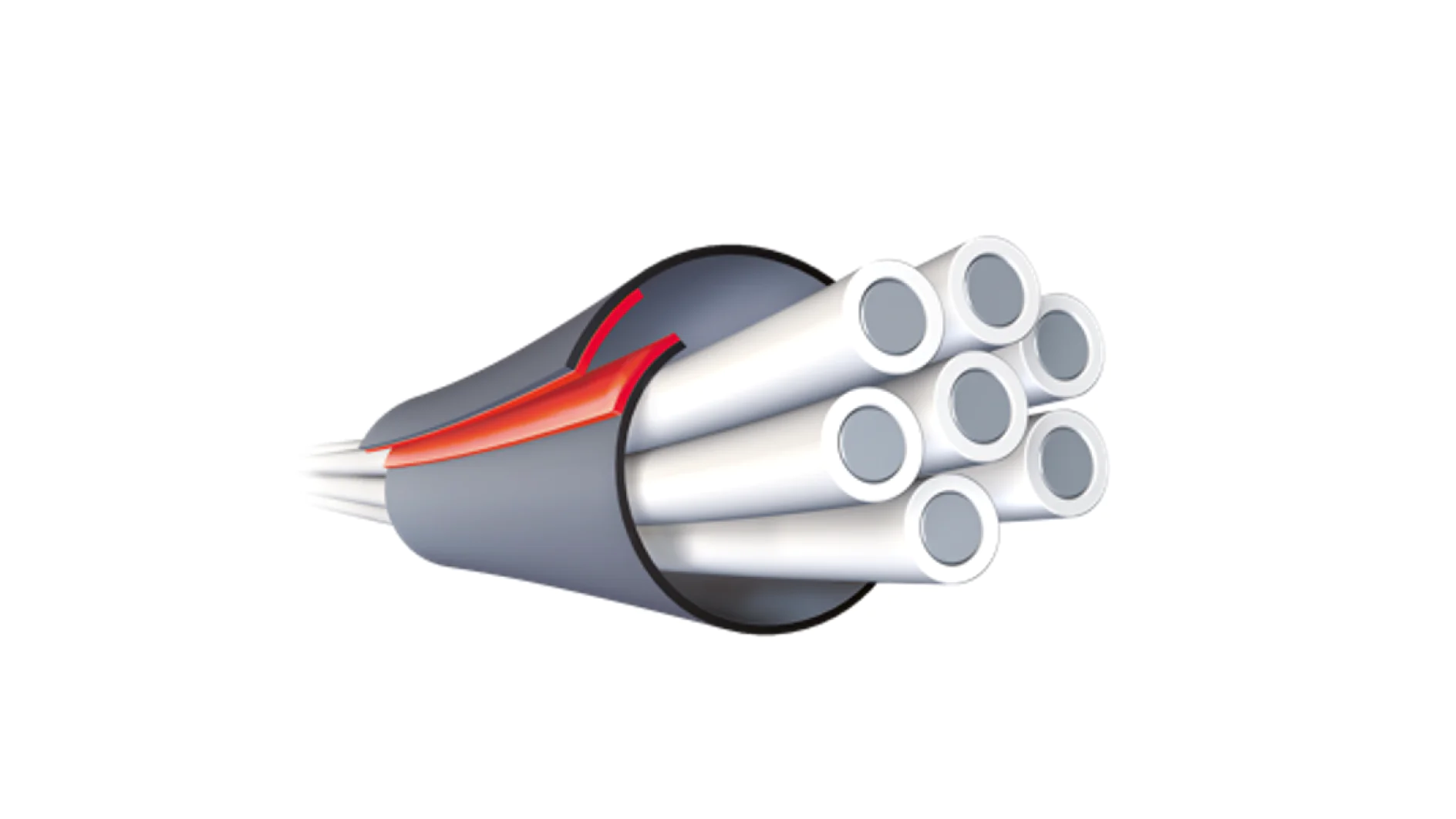 Illustration of a cross-section view of a fiber optic cable, showing multiple white fibers encased in a gray outer sheath. A red layer is visible inside the sheath, adding to the detail of the cable structure. (This text has been generated by AI)