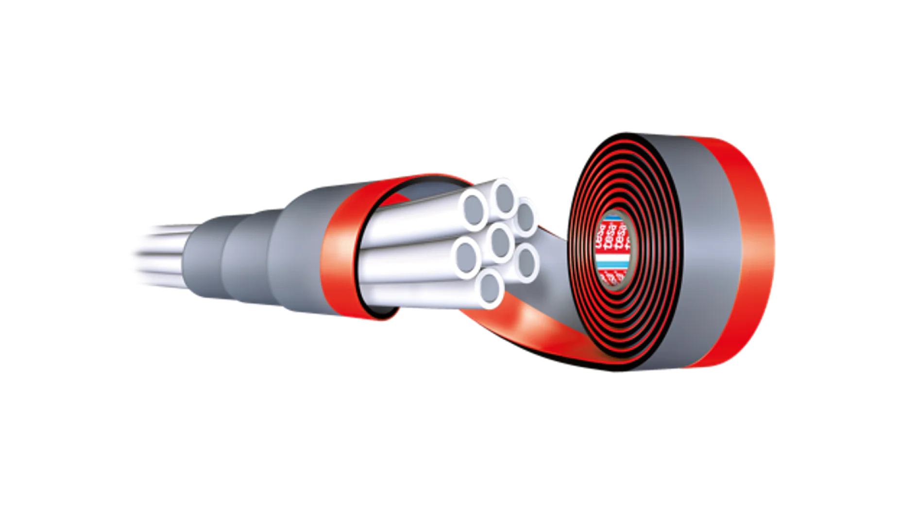 Illustration of a cross-section of a flexible conduit. The conduit features a spiral design with multiple inner cables encased by an outer red and gray protective layer. The image emphasizes the structure and layers of the conduit, incorporating tesa tape for enhanced durability and stability throughout its construction. (This text has been generated by AI)