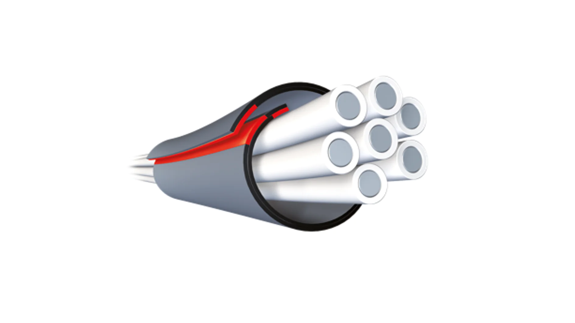 Illustration of a cross-section of a fiber optic cable, showing multiple white fibers bundled together inside a gray outer sheath. A red layer of tesa tape is visible between the fibers and the outer sheath. (This text has been generated by AI)