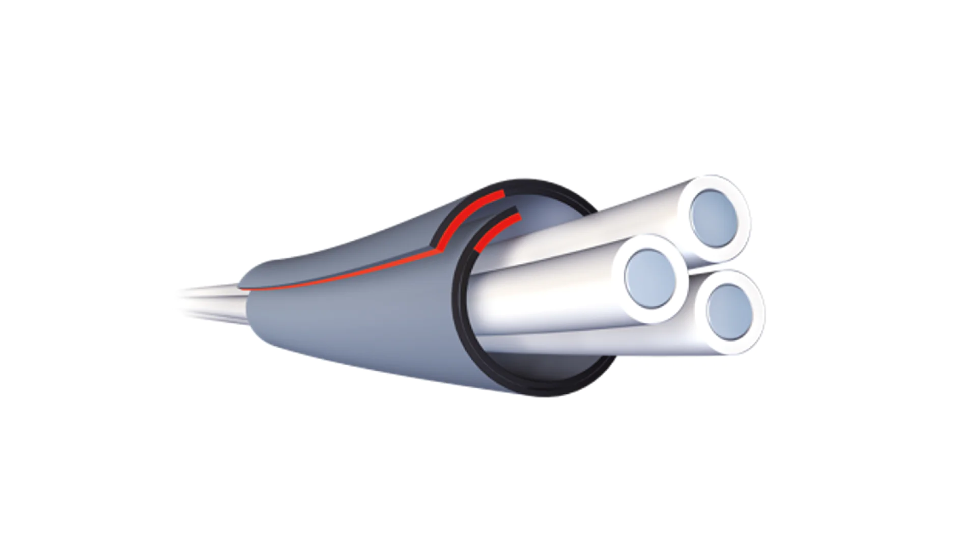 Illustration of a gray cable with three enclosed cylindrical wires. The cable jacket is partially peeled back to show the wires inside. The wires have a sleek, metallic appearance and are evenly spaced within the cable, secured with tesa tape. (This text has been generated by AI)