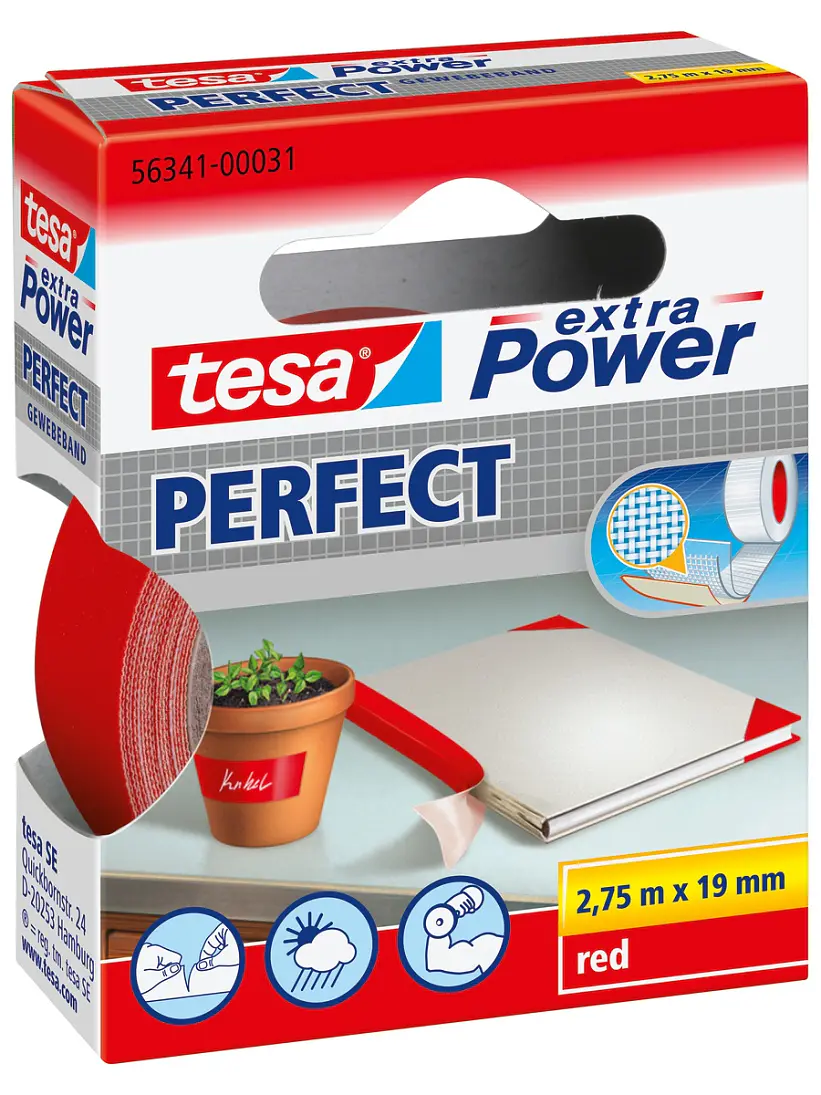 Tesa Extra Power Perfect tesa テープの製品ボックスには、切り取りストリップと、植木鉢の修理、ノートの綴じ方、その他の用途への使用法を示すイラストが描かれています。tesa テープは赤色で、サイズは 2.75 メートル x 19 ミリメートルです。.