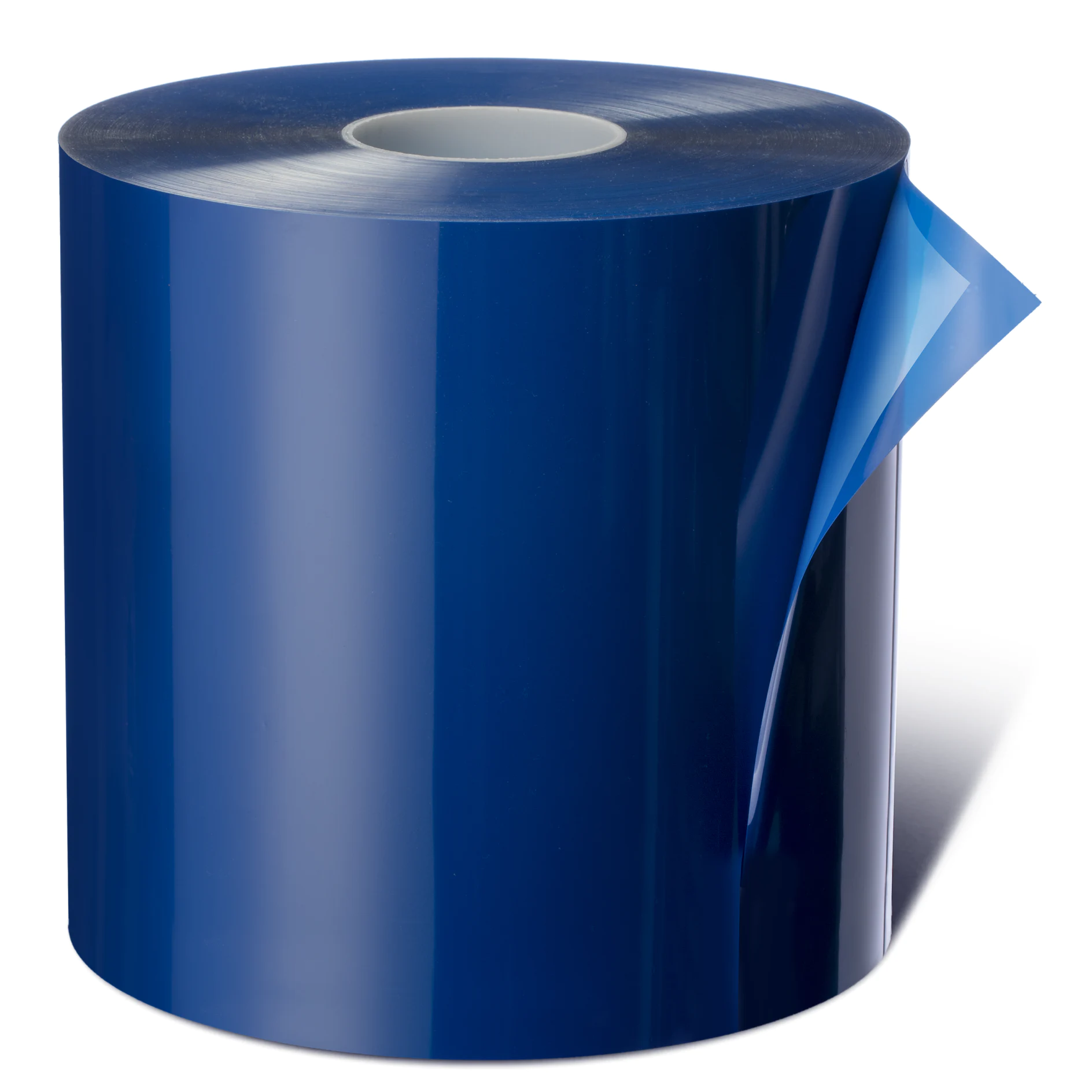 roll of glossy blue protective film with one corner peeled back on white background tesa (This text has been generated by AI)
