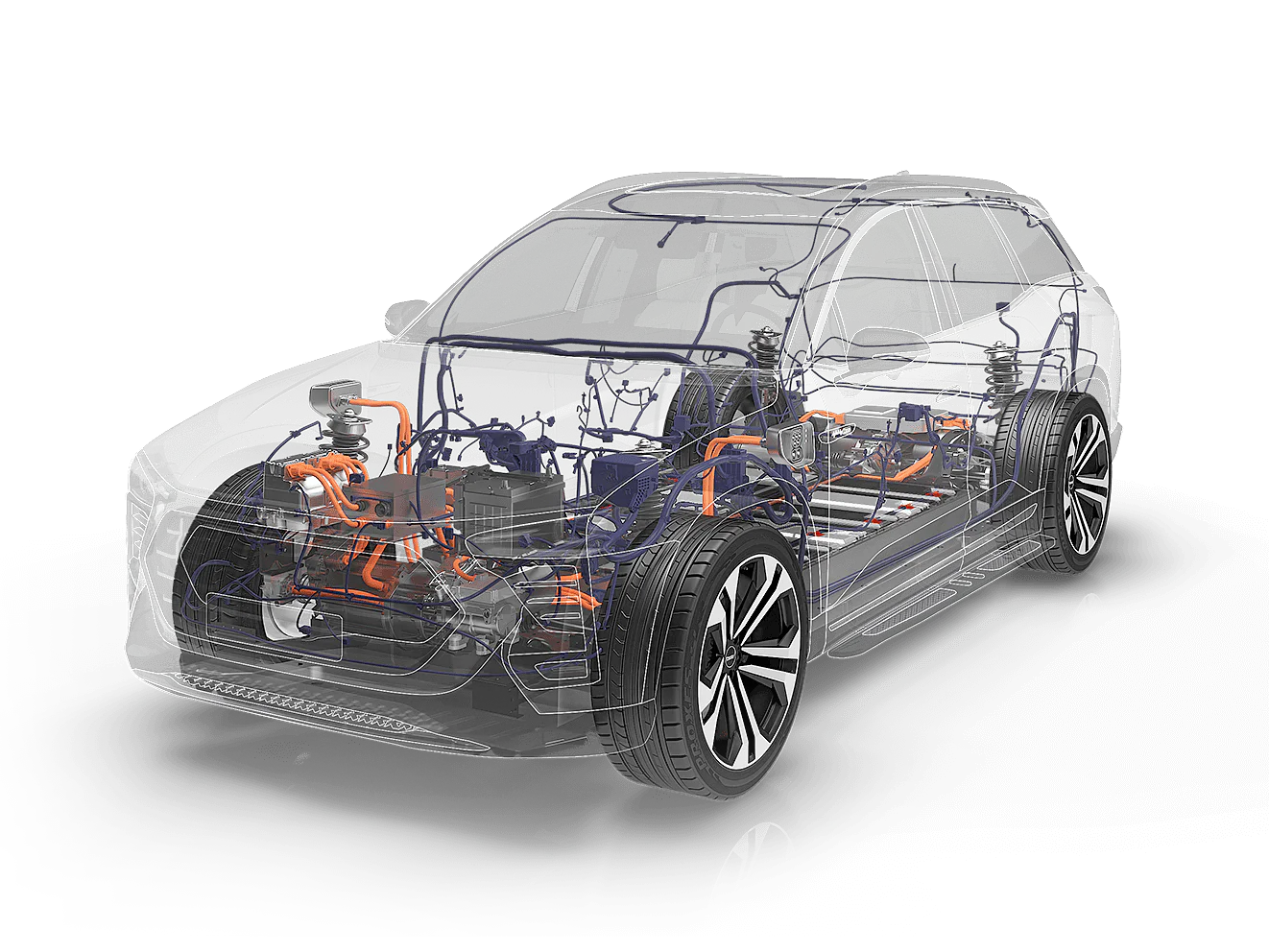 A transparent illustration of an SUV displaying the internal components of an electric vehicle. Visible elements include the battery pack, electric motor, tesa tape wiring, and powertrain systems. The car is set against a plain white background. (This text has been generated by AI)