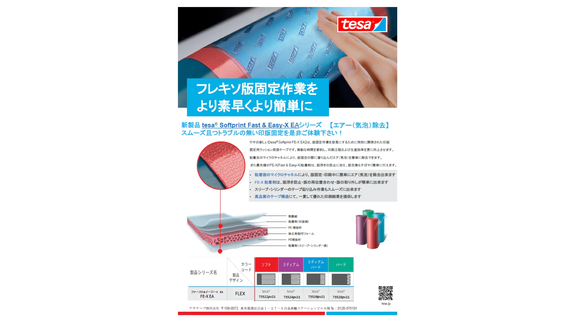 テサテープの日本の広告には、テサテープを表面に貼り付ける手と、テープの構造を示す層図が描かれています。さまざまな色のテサテープのロールが 4 つ表示され、テキストで製品の機能を強調しています。上部にはテサのロゴが目立つように配置されています。. (This text has been generated by AI)