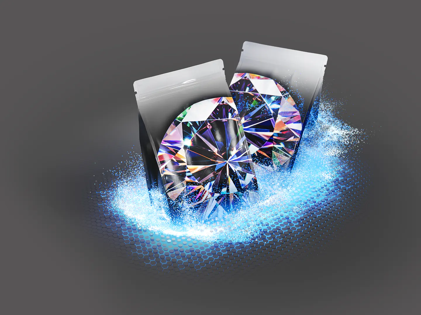 Two holographic-style diamonds partially emerge from silver foil packets on a gray background. Blue and white digital effects surround the base, giving a futuristic appearance. (This text has been generated by AI)