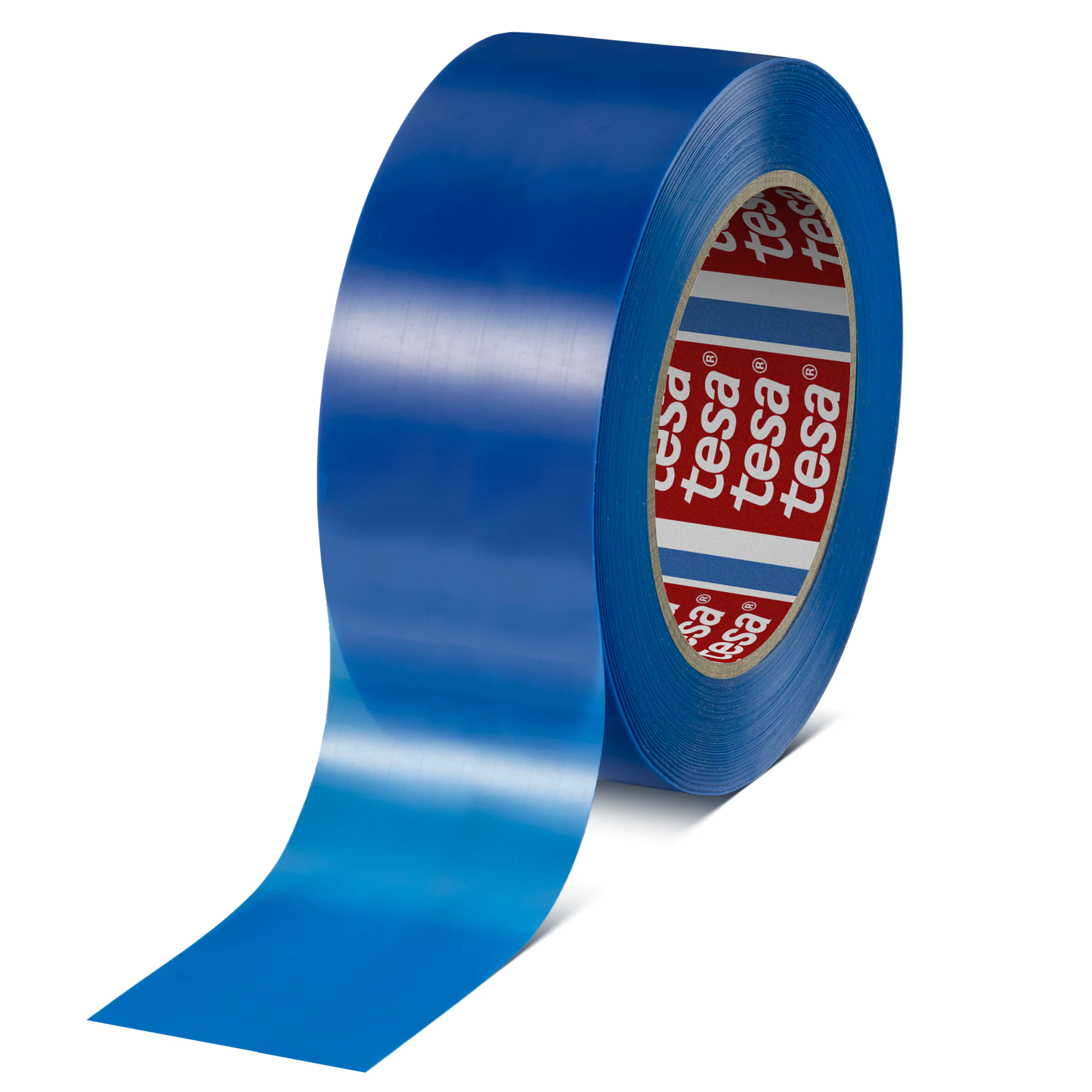 blue tesa adhesive tape roll with partially unrolled strip on white background, studio setting (This text has been generated by AI)