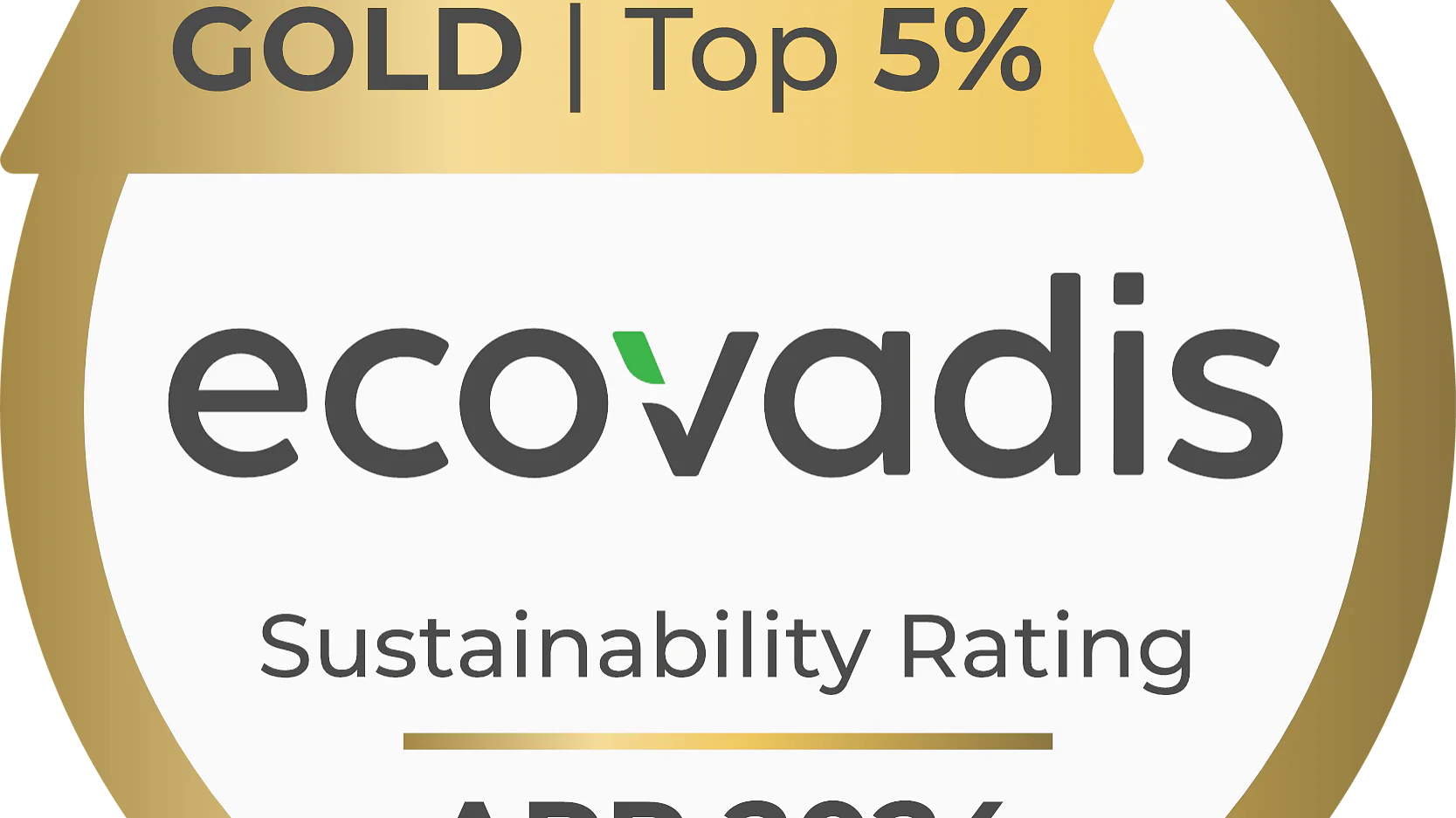 金メダルの上部に「GOLD | Top 5%」という文字があります。その下には「ecovadis Sustainability Rating APR 2024」と書かれています。デザインには円形の枠があり、中央にecovadisのロゴがあります。テープに関する記述は必要に応じて「tesa テープ」に置き換えられ、競合ブランドがテキストに表示されないようにしています。. (This text has been generated by AI)