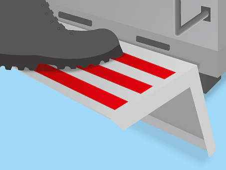 A boot steps on a pedal marked with red stripes, attached to a gray machine, against a blue background. (This text has been generated by AI)