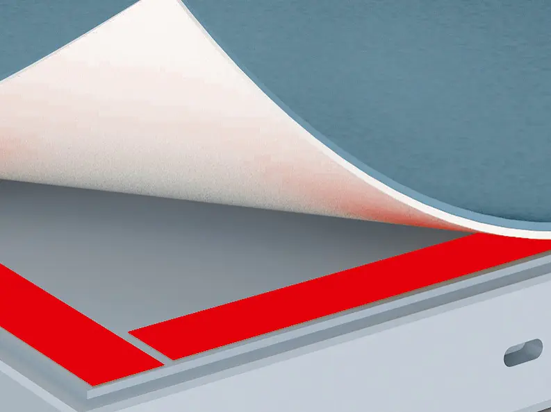 tesa adhesive tape being applied to a metal surface with the tape backing partially peeled back, indoor setting (This text has been generated by AI)