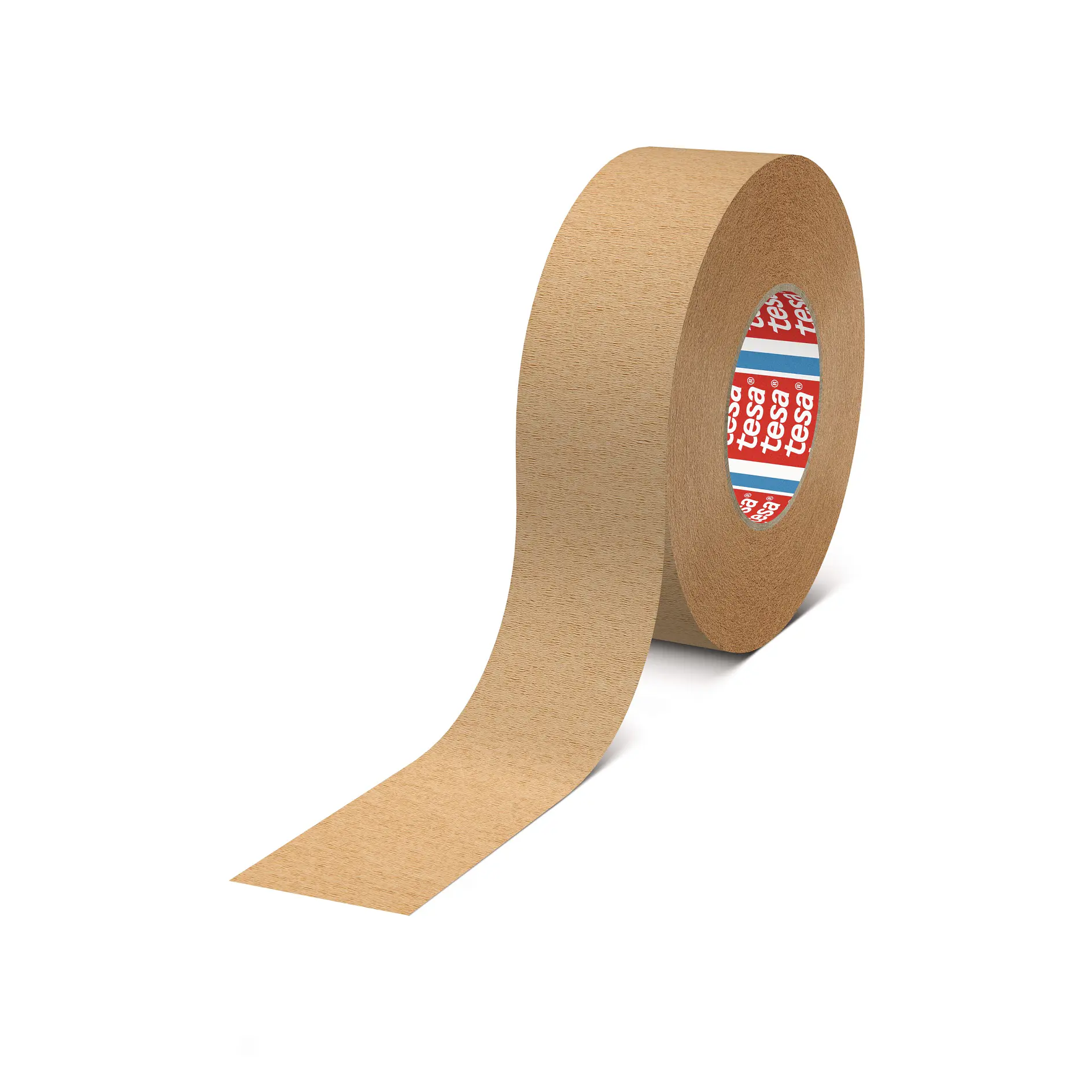 brown adhesive tape roll with partially unrolled strip on white background, isolated studio product shot tesa (This text has been generated by AI)