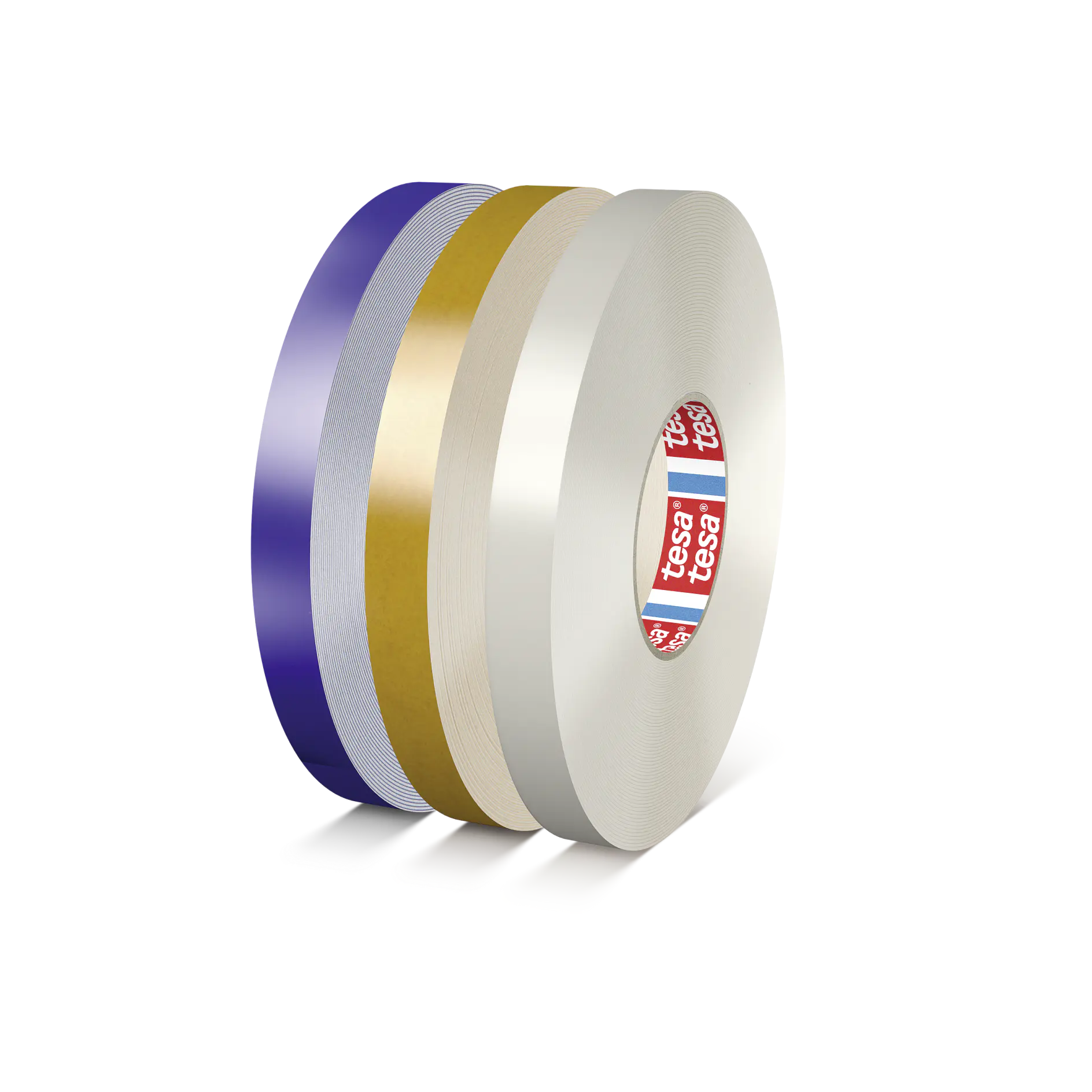 Three rolls of tesa adhesive tape in purple, gold, and white colors, displayed against a black background. (This text has been generated by AI)