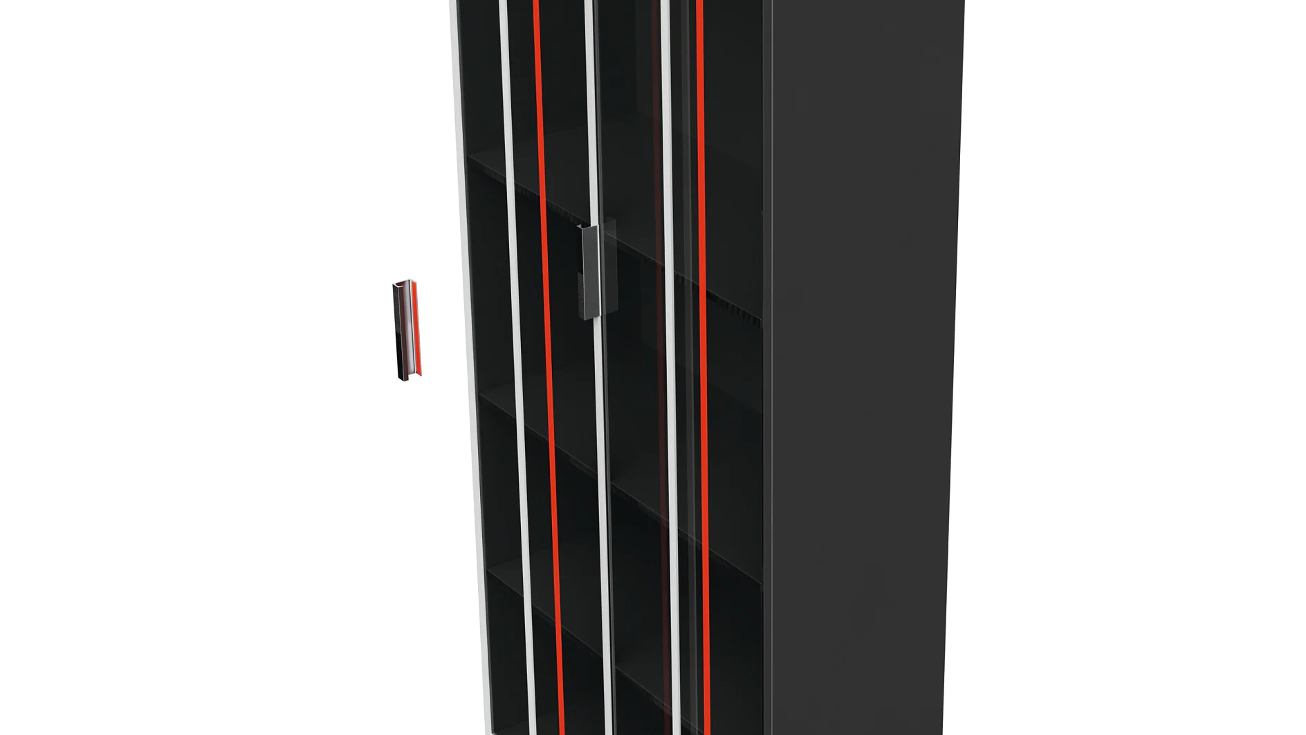 black tall cabinet with transparent glass door and red outline, shown in a 3D rendering on a white background (This text has been generated by AI)