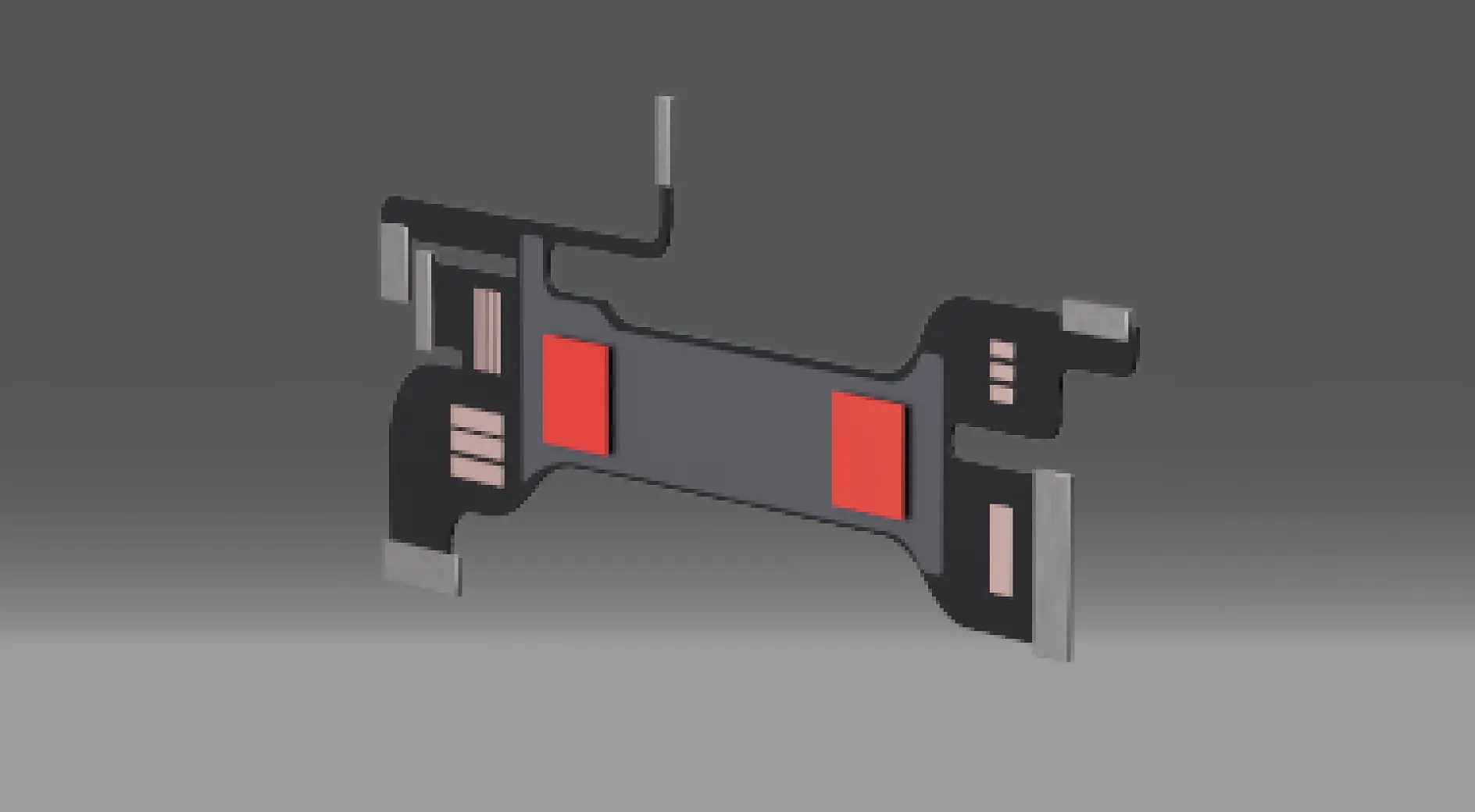 A flat, black mechanical component with a symmetrical shape, featuring red rectangular elements and metallic accents held together with tesa tape. The background is a gradient from dark to light gray. (This text has been generated by AI)