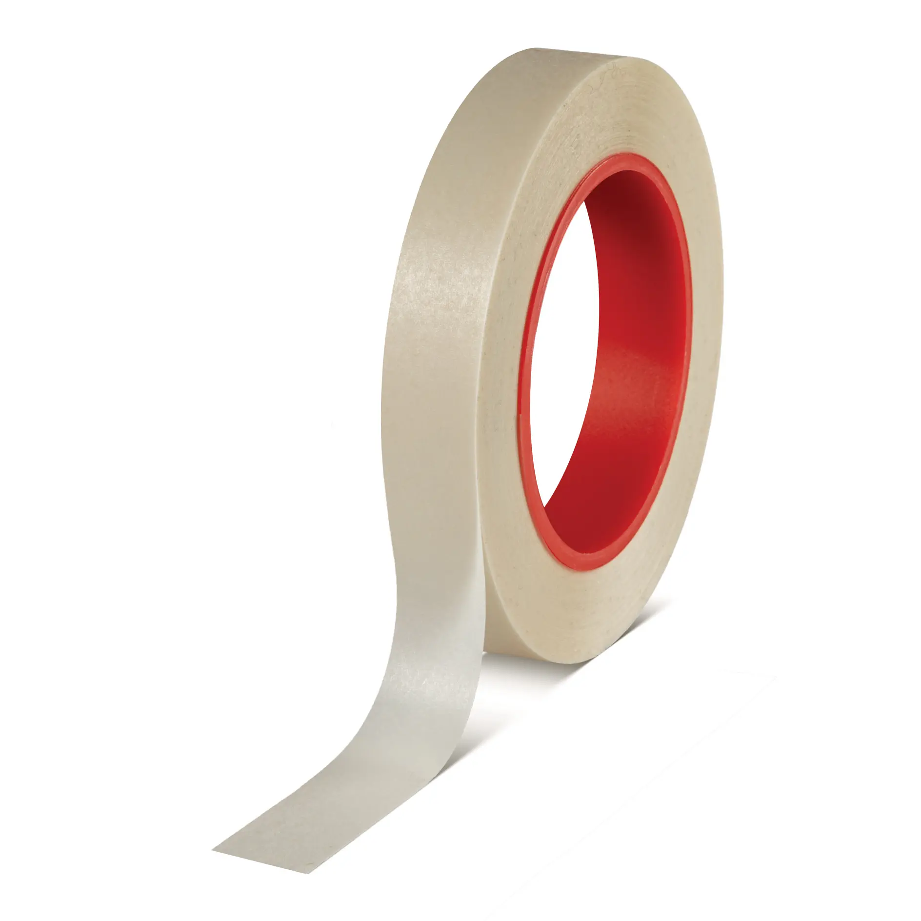 Roll of tesa adhesive tape with a red inner core, standing upright on a white background. (This text has been generated by AI)