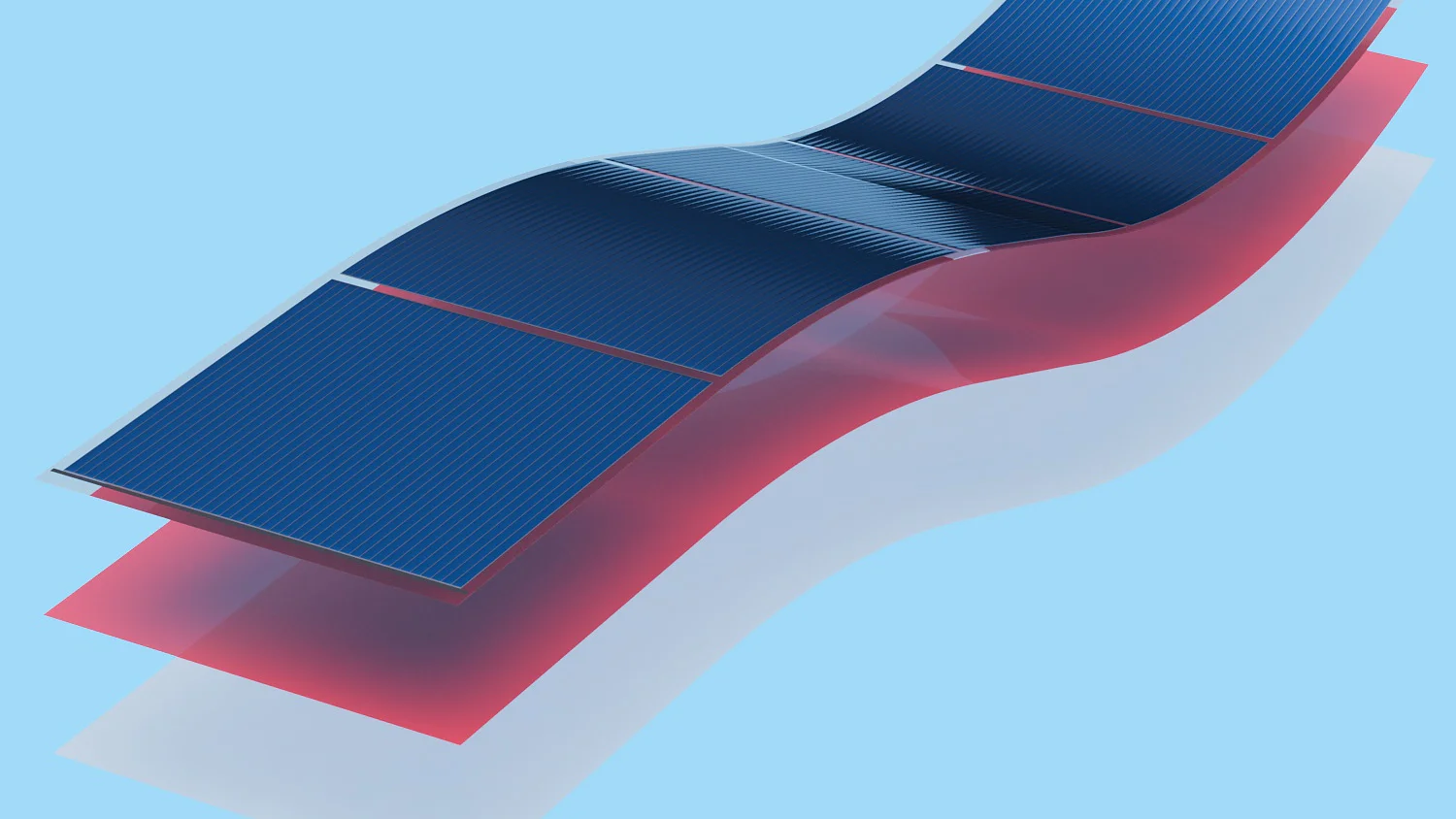 A 3D-rendered image of a wavy structure composed of four blue solar panels interconnected with tesa tape on a red and white background. The panels are arranged in a flowing wave-like formation against a light blue background. (This text has been generated by AI)