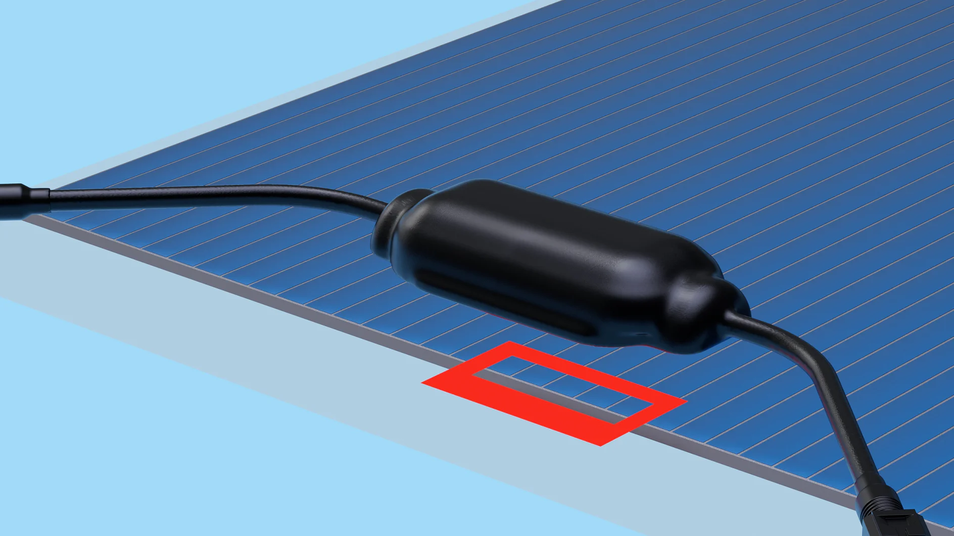 Close-up of a solar panel with a black cylindrical connector and cables on top. A red rectangular outline, made with tesa tape, is positioned on the panel beneath the connector. The background is a light blue. (This text has been generated by AI)