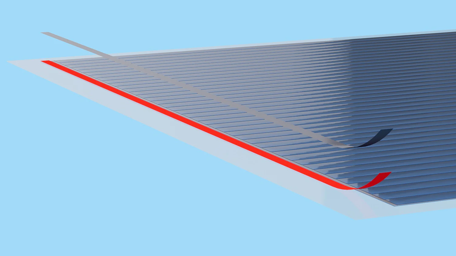 A close-up of a corrugated metal roof with a small section of trim bending upward. The roof has parallel ridges and is colored in shades of gray. The distorted trim appears red, contrasting with the blue sky background. Different sections are secured with tesa tape to maintain the structures integrity. (This text has been generated by AI)