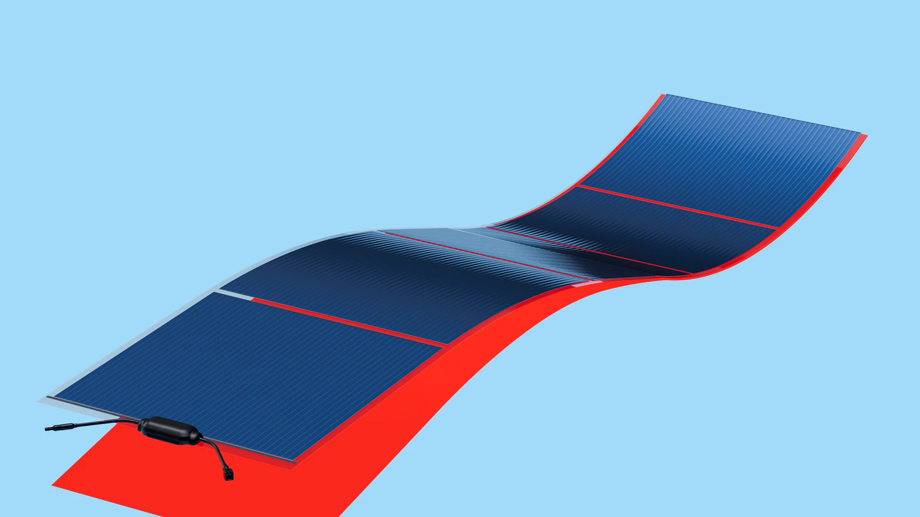 A flexible solar panel with a red backing is laid out against a light blue background. It features two main sections joined together with tesa tape, with visible wiring attached on one end. (This text has been generated by AI)