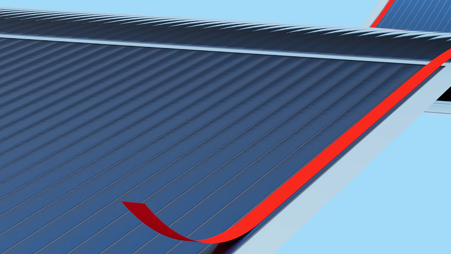 Close-up of a solar panel with a peelable red tab at one corner, against a light blue background. The panel has a grid of parallel lines and a reflective surface, secured using tesa tape for optimal performance. (This text has been generated by AI)