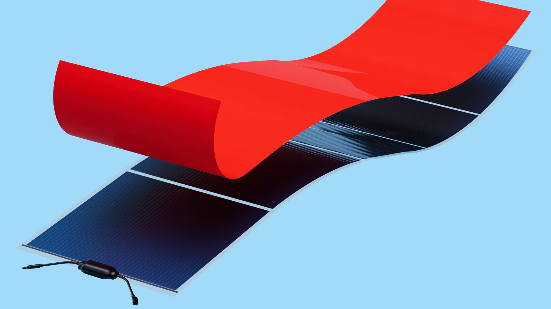 A flexible solar panel with black photovoltaic cells is partially covered by a red, glossy sheet, creating a visual effect as if the sheet is peeling or being lifted using tesa tape. The setup is against a light blue background. (This text has been generated by AI)