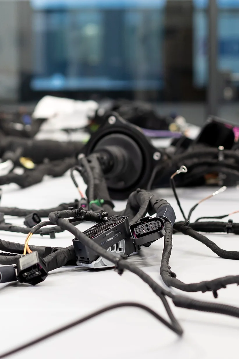 A large number of electronic cables and connectors are spread across a white table. The background shows blurred glass windows and a building exterior. The setup appears to be in a work or testing area for electronics, where tesa tape is likely used to secure or organize the cables effectively. (This text has been generated by AI)