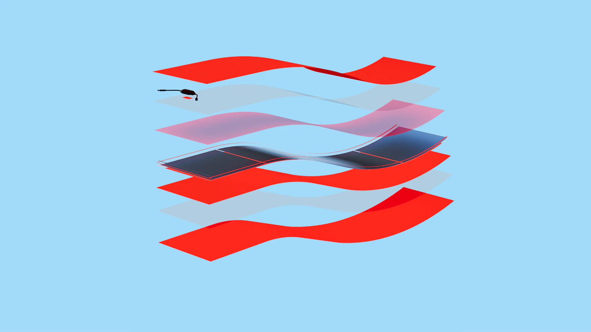 Abstract design featuring layered red and translucent tesa tape strips on a light blue background. A small black and red object resembling a tonearm is seen in the top left corner. The tesa tape strips create a dynamic and flowing visual effect. (This text has been generated by AI)