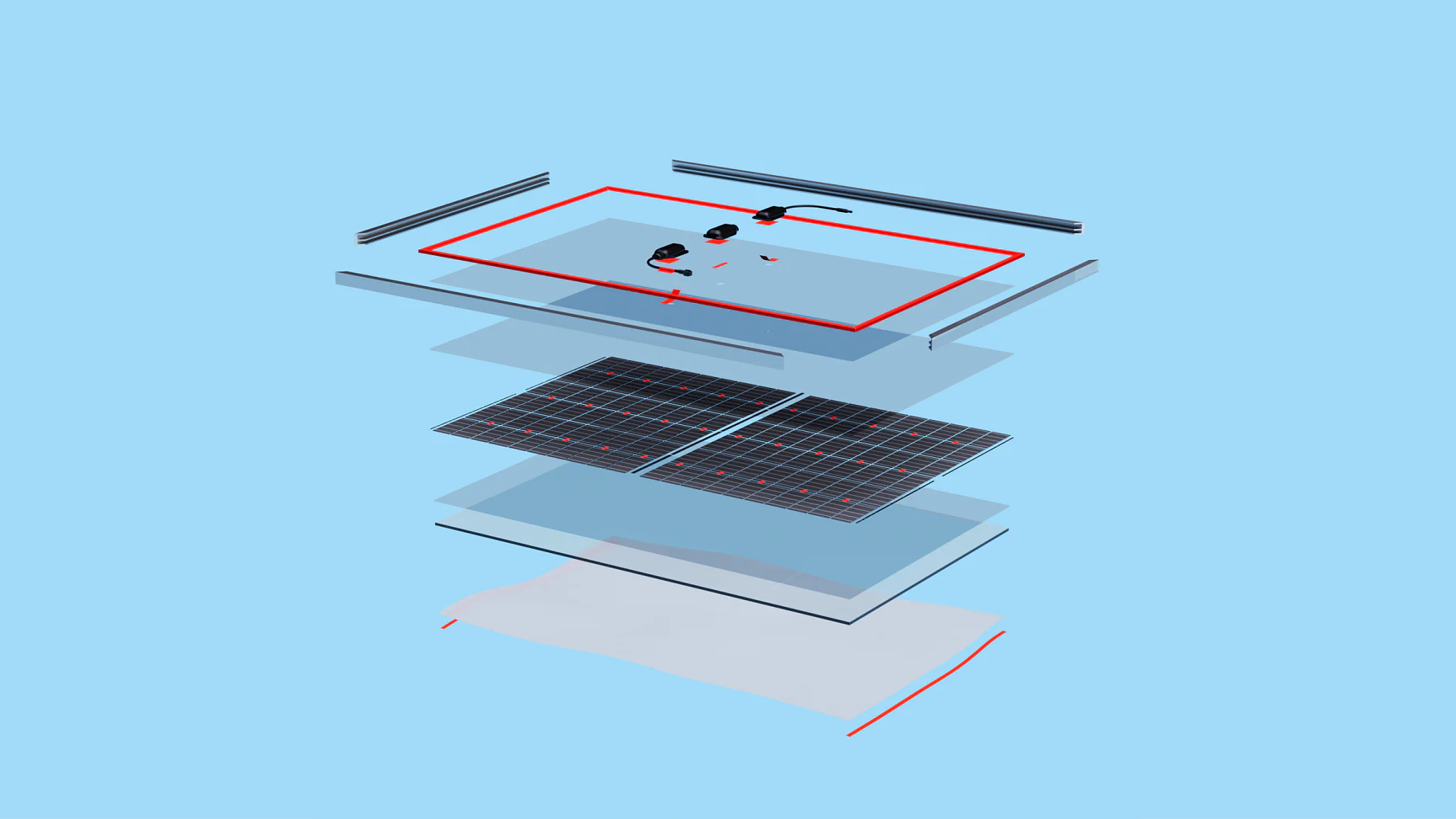 Exploded view of a solar panel assembly on a light blue background. Visible components include a red frame, wiring, two rectangular solar cells, a glass layer, and a white rear panel secured with tesa tape. Parts appear separated vertically. (This text has been generated by AI)