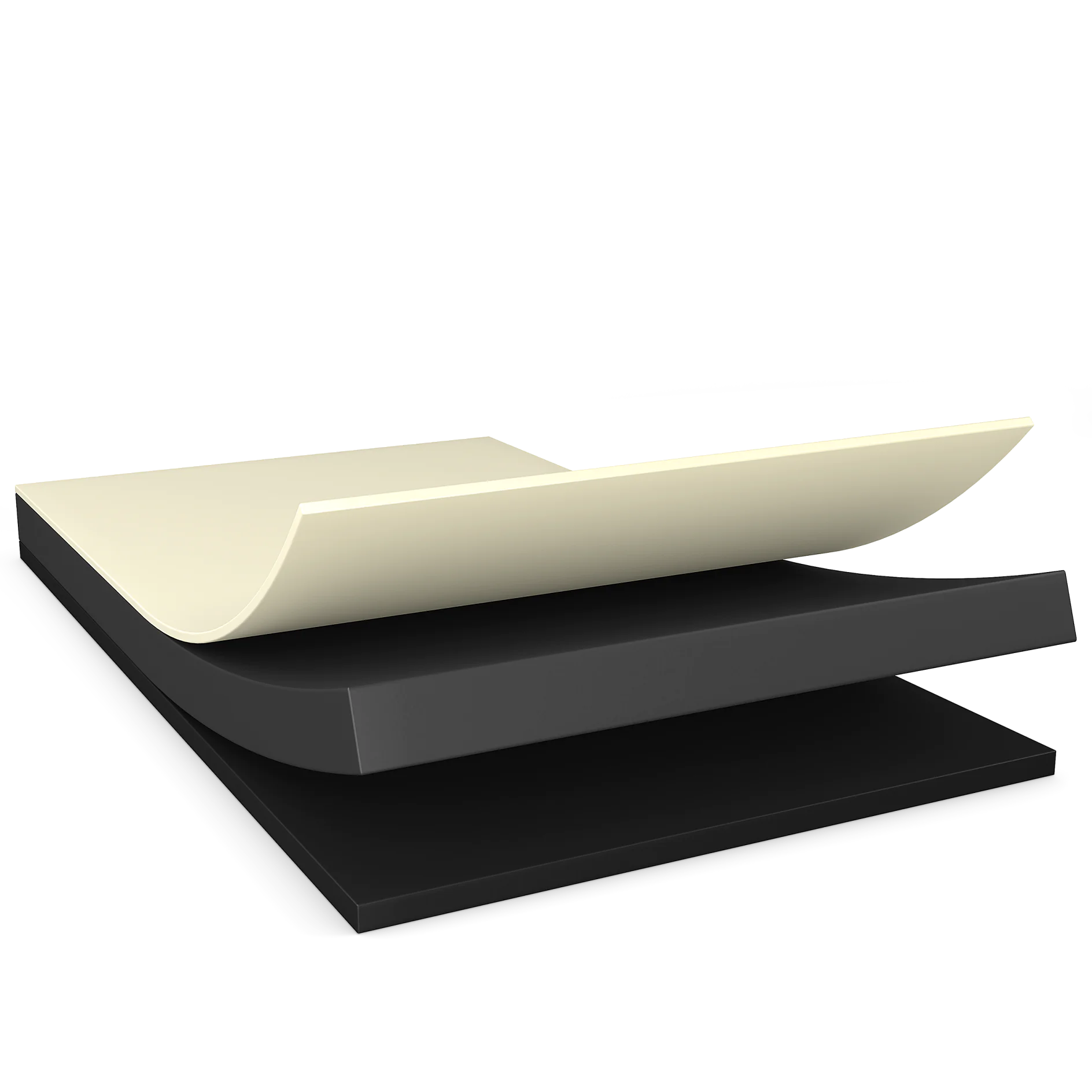three layered sheets with the top layer peeling back, showing a beige adhesive surface above two black layers, isolated on white background (This text has been generated by AI)