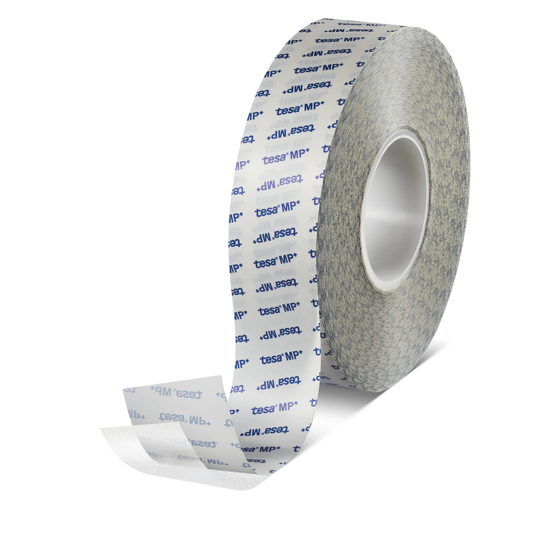 a roll of tesa tape with a transparent backing and printed branding, partially unrolled to show the adhesive side. (This text has been generated by AI)