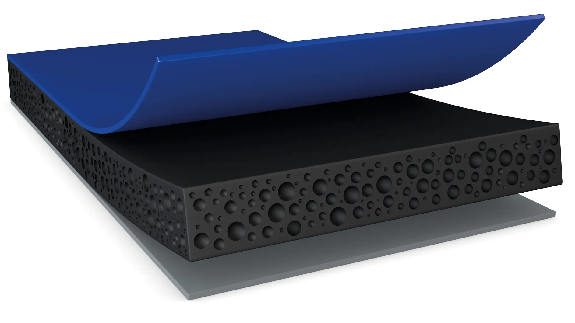 Illustration of a layered structure showing a blue flexible top layer, a black foam-like middle layer with bubble texture, and a solid gray base layer. The blue tesa tape layer is partially peeled away, revealing the black tesa tape layer beneath.