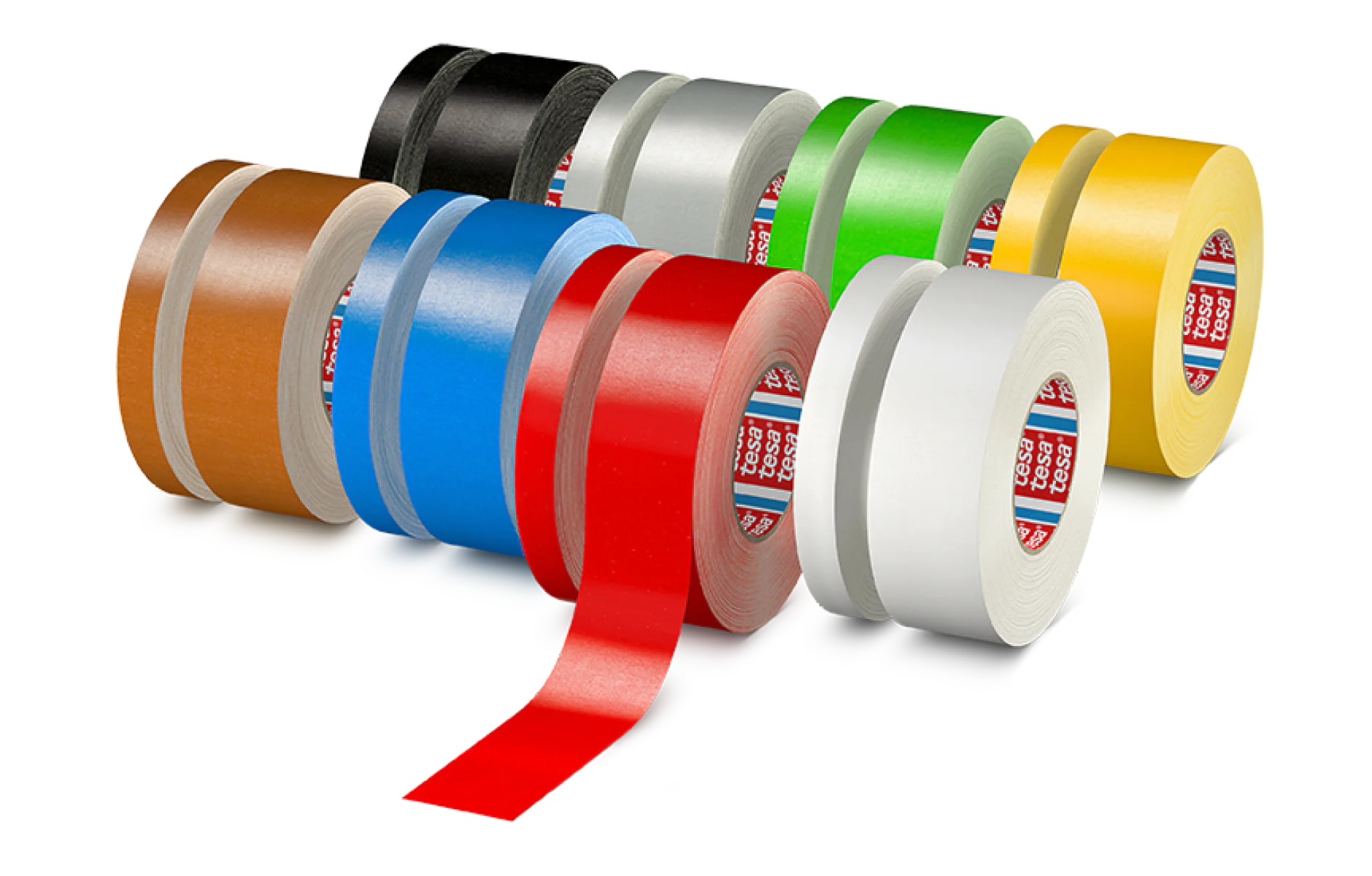 A row of ten rolls of tesa tape in various colors, including brown, white, black, silver, red, blue, green, and yellow, is shown. The roll in front has a red strip partially unrolled. (This text has been generated by AI)