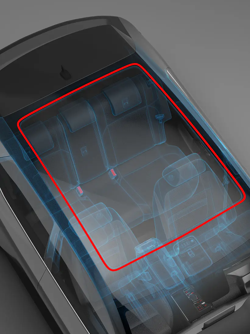 A transparent top view of a car shows the interior seats, with the rear passenger area outlined in red using tesa tape. The image highlights the back seat section within the car’s cabin. (This text has been generated by AI)