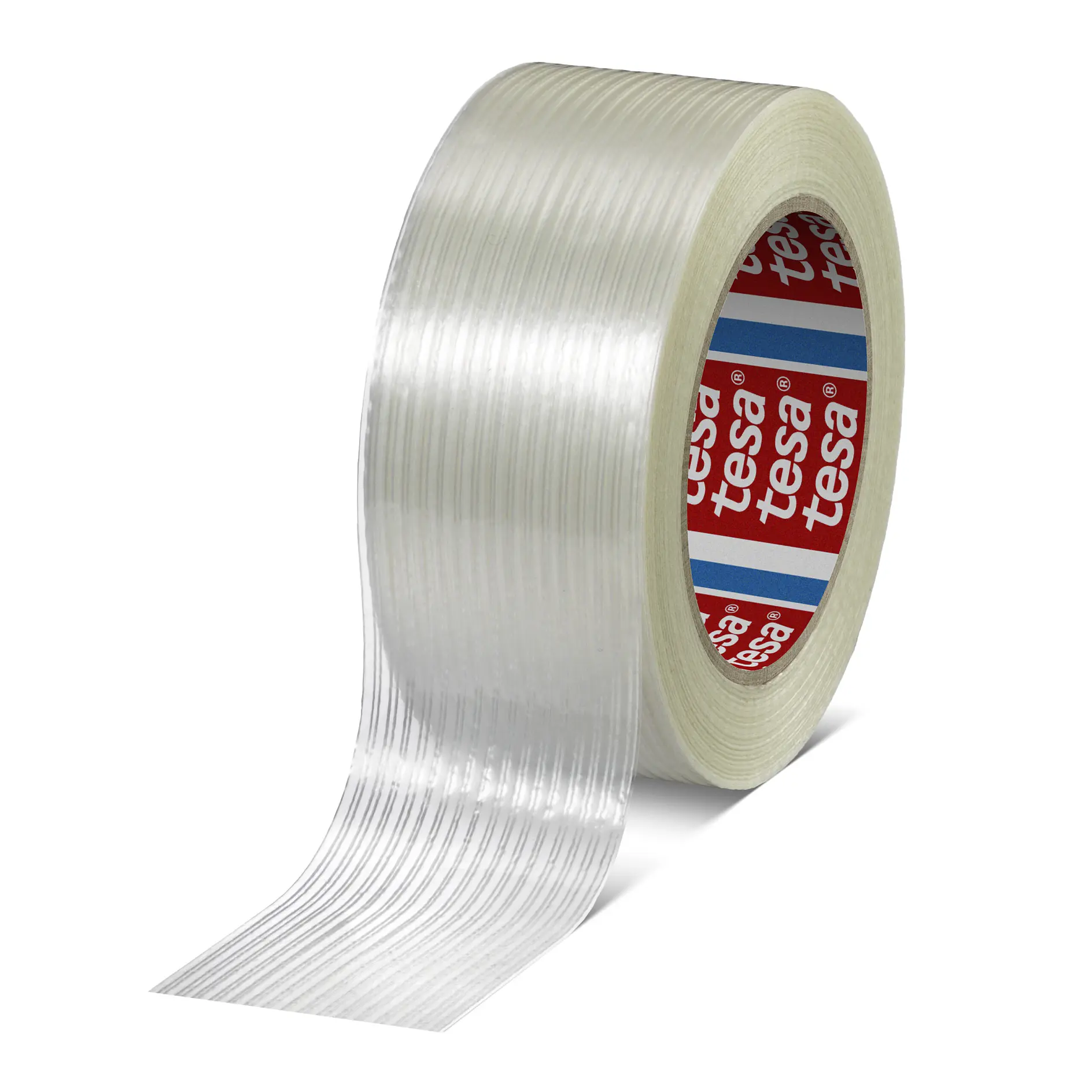 Clear reinforced filament tape roll with partially unrolled strip, branded with red and blue tesa logo inside, isolated on white background. (This text has been generated by AI)