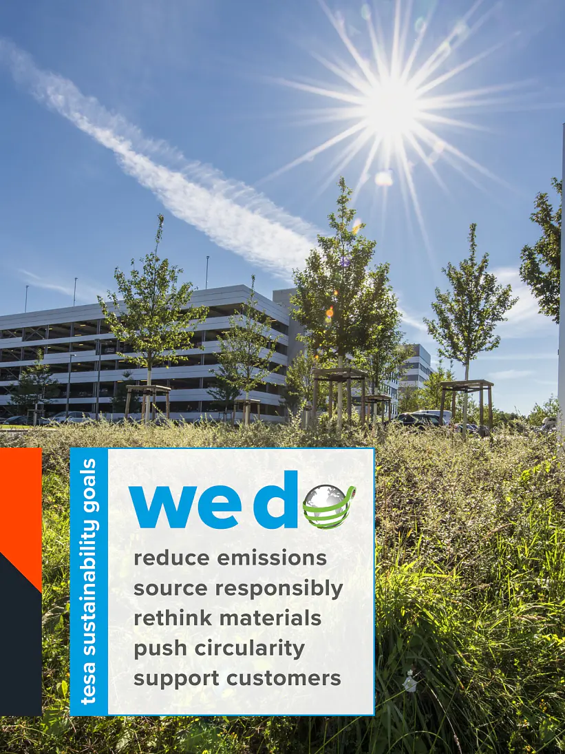 tesa headquarters with CDP Climate A List 2025 award sign and 'we do' sustainability banner showing commitments: reduce emissions, source responsibly, rethink materials, push circularity