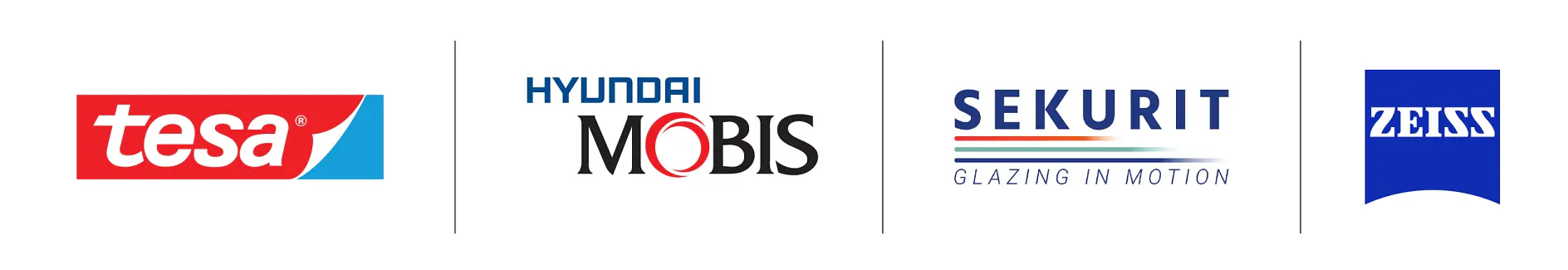Logos of four companies in a row: tesa tape, Hyundai Mobis, Sekurit Glazing in Motion, and Zeiss. Distinct colors on white. (This text has been generated by AI)