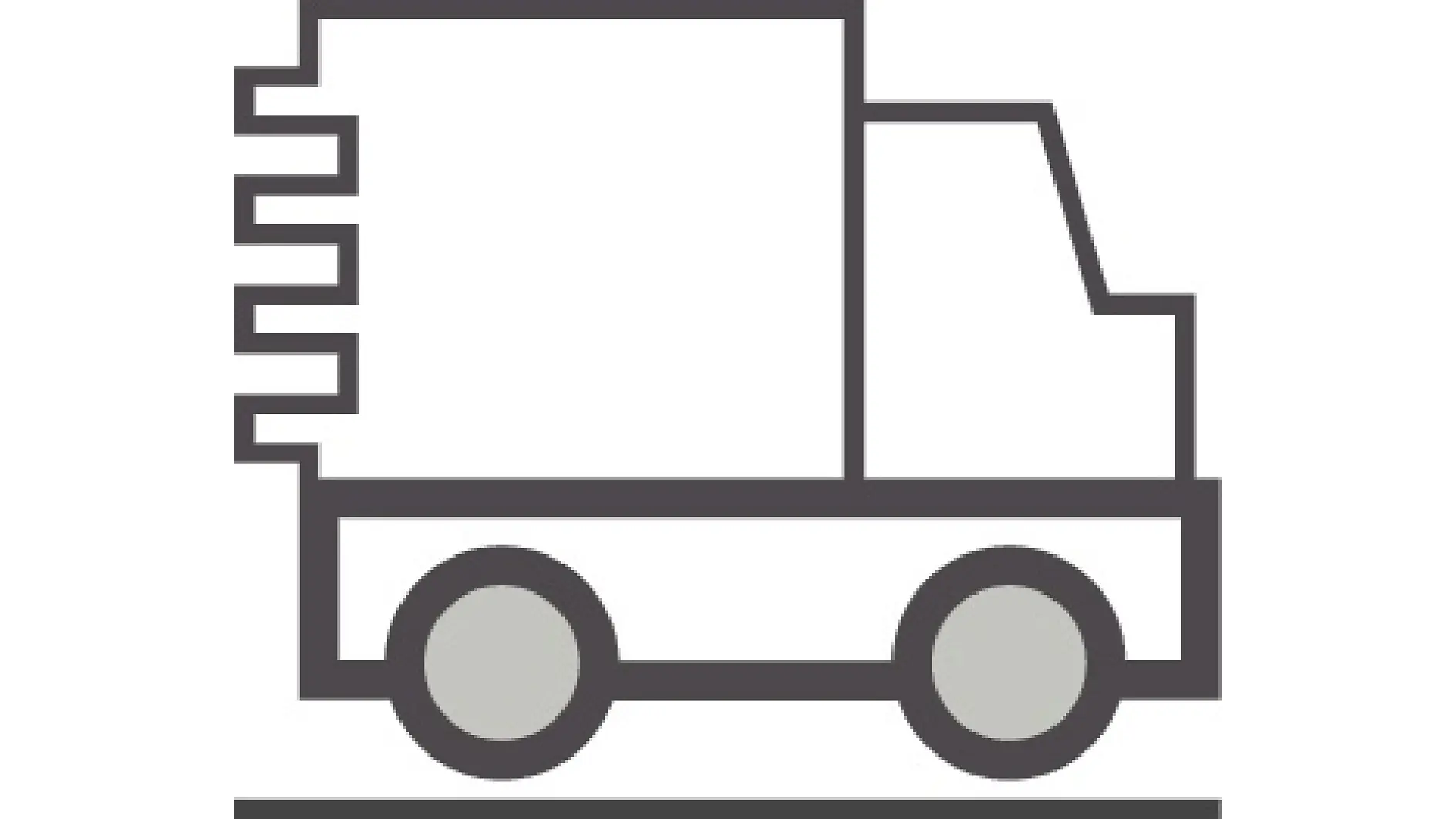 右向きの配達トラックの線画です。デザインはシンプルで、長方形の荷台と丸い車輪があり、黒とグレーの線でミニマルなスタイルで描かれています。 (This text has been generated by AI)