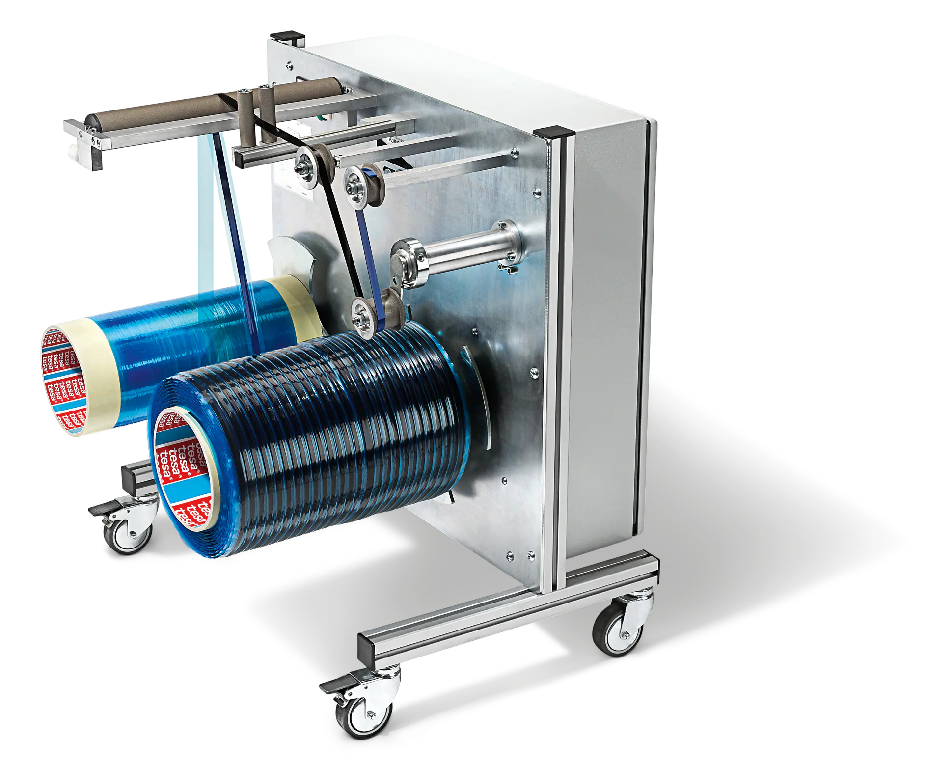 A machine with metallic components stands on four wheels. It features two large spools with tesa tape wound around them, mounted on one side. Several rods and pulleys are visible, suggesting a mechanism for controlling or dispensing tesa tape. (This text has been generated by AI)