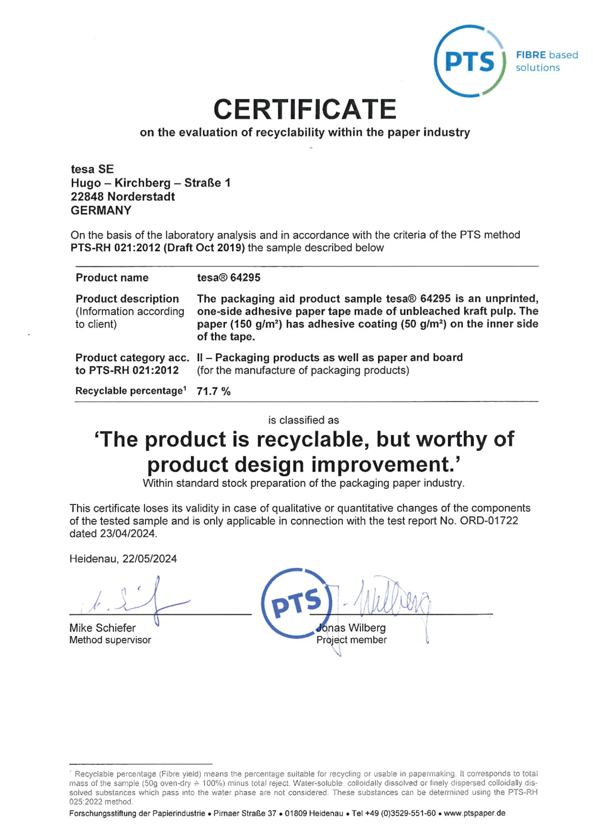 PTS certificate_tesa® 64295_PTS-RH 021_2012