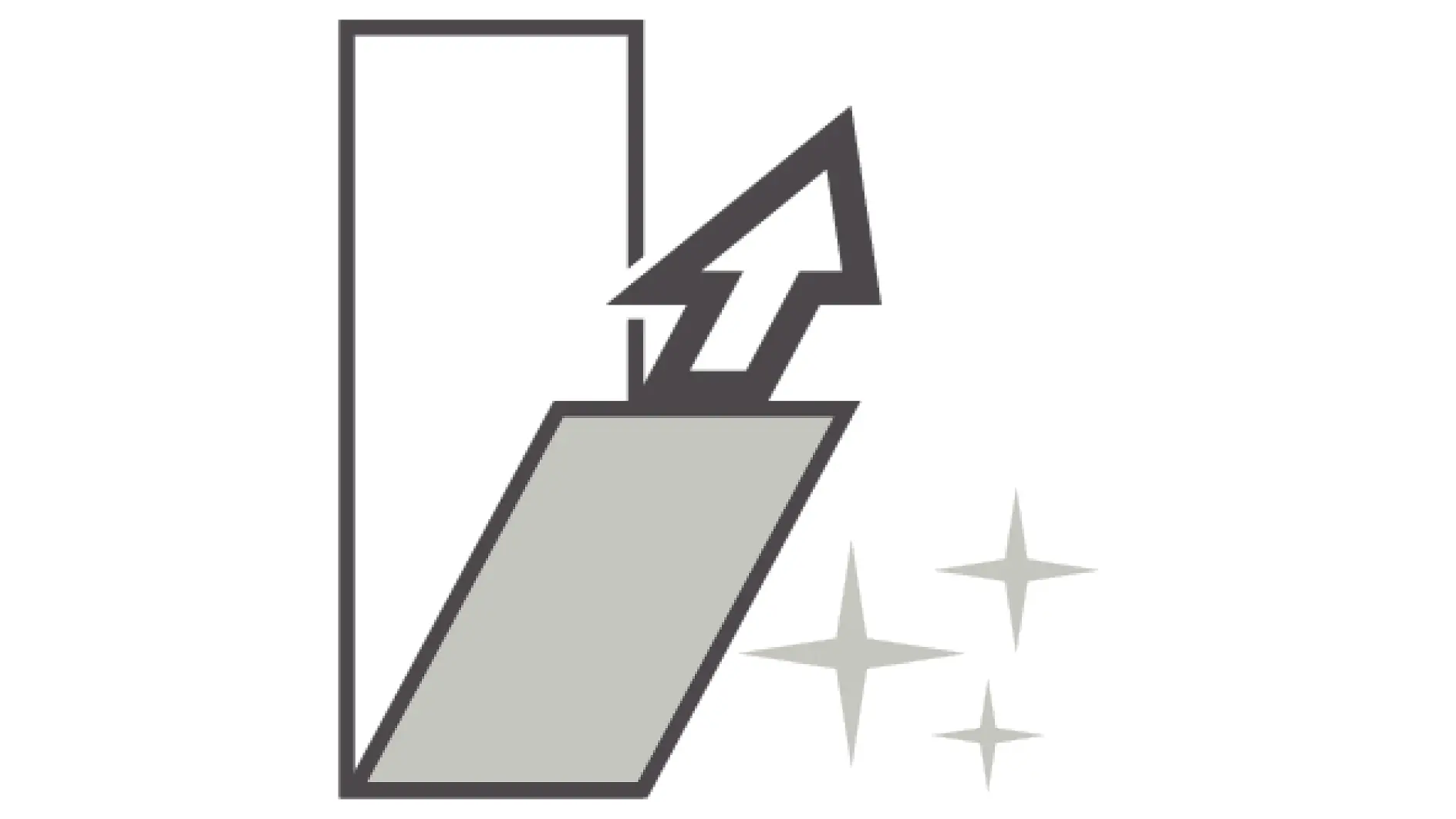 an upward arrow emerging from a slanted surface with sparkling accents beside it, set against a simple rectangular outline. (This text has been generated by AI)