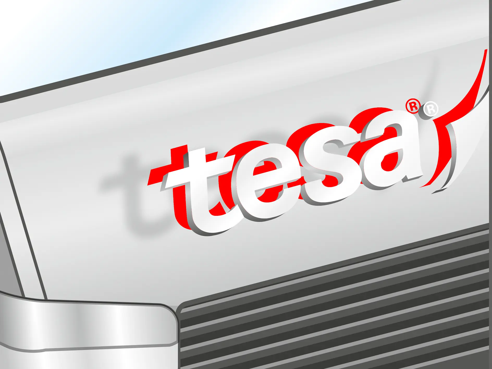 Logo of the brand tesa tape displayed in red and white letters with a stylized swoosh element. The background features a silver and gray gradient, resembling part of a vehicle or machinery. (This text has been generated by AI)