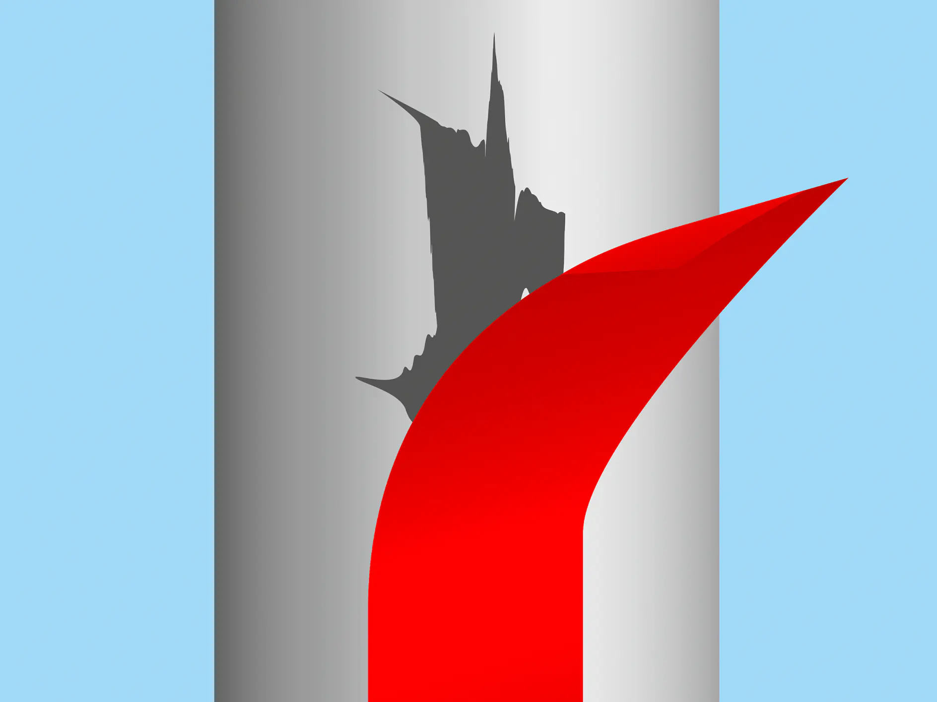Abstract image featuring a curved, bold red shape in the foreground against a light blue background. A tall, jagged black silhouette is visible on a gray cylindrical form positioned behind the red shape. No references to tesa tape or competitor brands such as 3M are present in this text. (This text has been generated by AI)