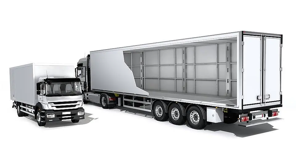 Heres a 3D rendering of two trucks on a white background. One is a smaller delivery truck, and the other is a larger semi-trailer with its side panel partially cut away to reveal a series of empty compartments inside. Both vehicles are white, and their construction employs tesa tape for secure assembly. (This text has been generated by AI)