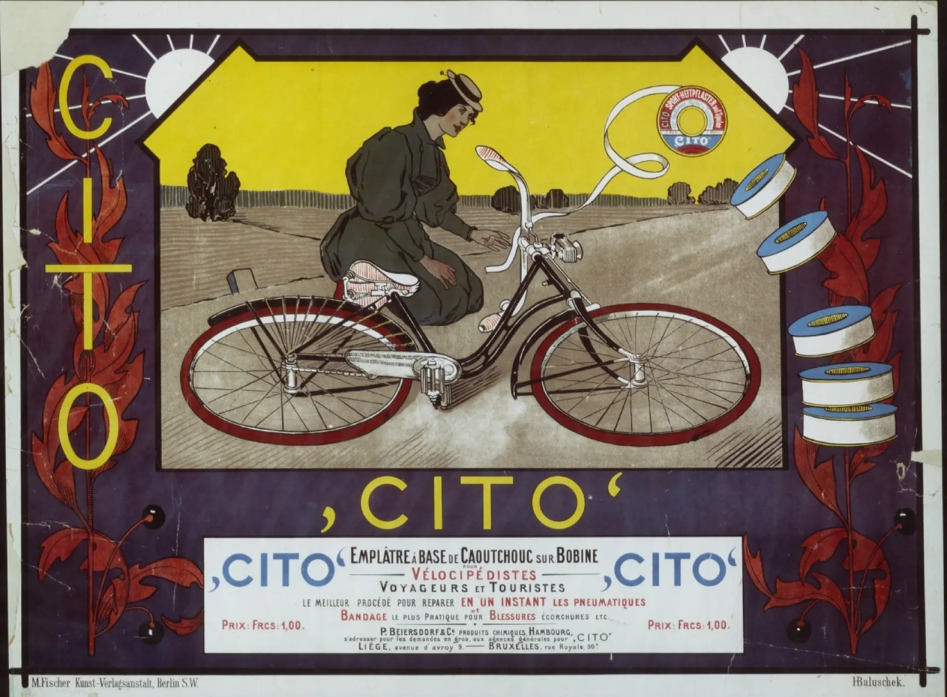 A vintage advertisement features a person riding a bicycle with Cito branding. The design includes reels of elastic tesa tape floating around and bold text. A landscape background and a decorative border enhance the classic aesthetic.