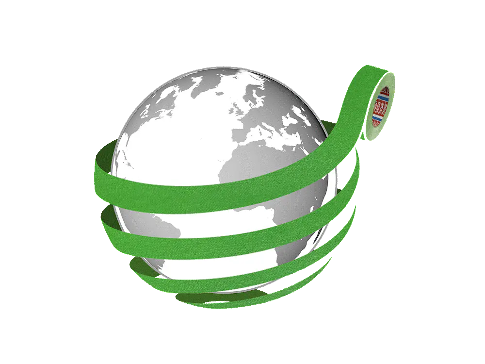 A grayscale globe is depicted against a black background. It is wrapped by a long green measuring tesa tape, creating a spiral around the sphere. The tesa tapes end features a small circular label with colors and text. (This text has been generated by AI)