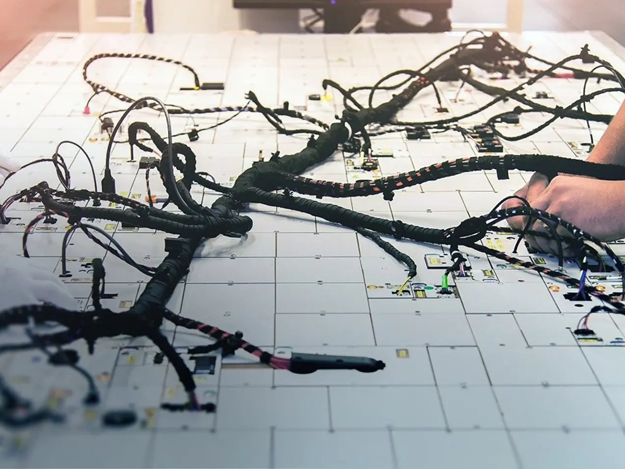 두 사람이 큰 규모의 복잡한 와이어 하네스를 흰색 격자무늬 표면 위에 펼쳐 놓고 작업하고 있습니다. 그들의 손은 검은 케이블을 조정하고 연결하고 있으며, 다양한 색상의 커넥터들이 보입니다. 배경은 약간 흐릿하며, 이들은 tesa 테이프를 사용해 와이어를 고정하고 있습니다. (This text has been generated by AI)