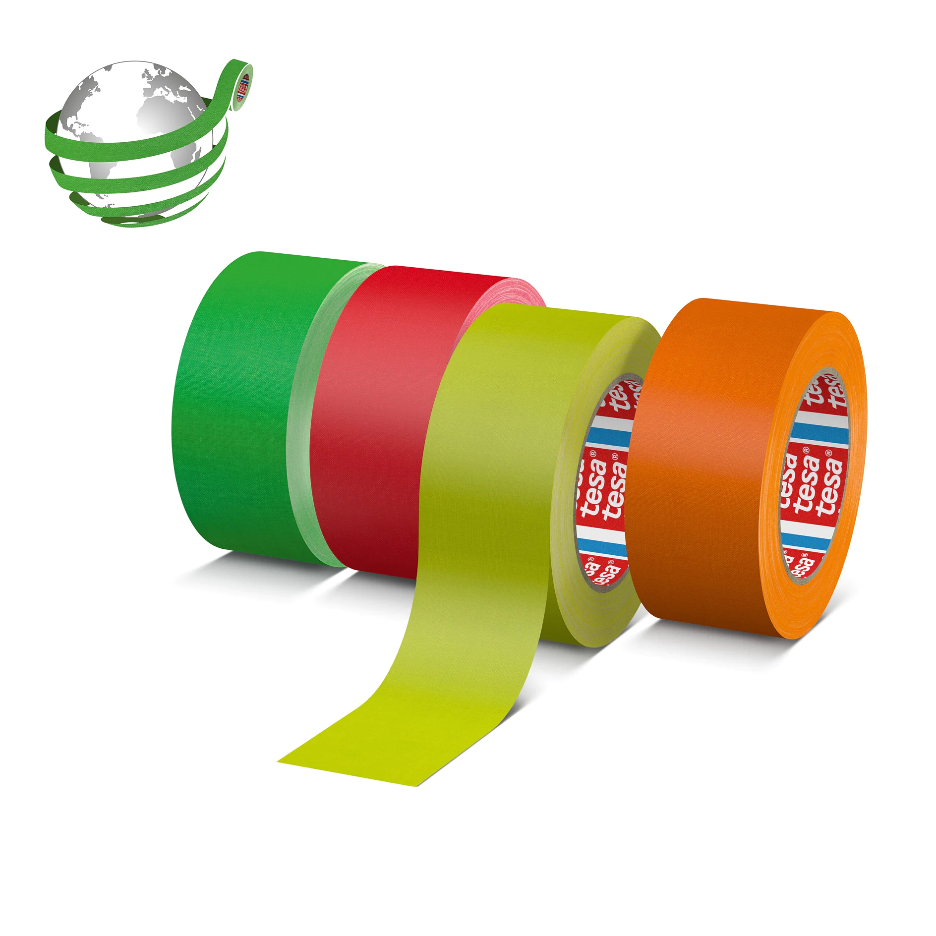 three rolls of tesa adhesive tape in green, red, yellow, and orange, displayed on a white background (This text has been generated by AI)